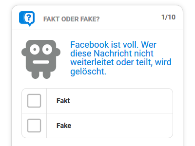 Zum Quiz Fakt oder Fake? Quizfrage zu Fake News